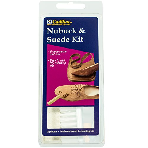 Cadillacs nubuck and suede cleaner kit includes a brush and a rubber so you can clean and remove stains from shoes boots bags coats and more