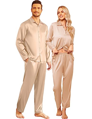 Ekouaer Mens Satin Pajamas Set Classic Long Sleeve Button Down Couple Sleepwear Soft Silk Loungewear With Pockets