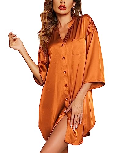 Ekouaer Satin Nightgowns for Women Silk Sleepwear Button Down Sleepshirt 34 Sleeve VNeck Nightshirts