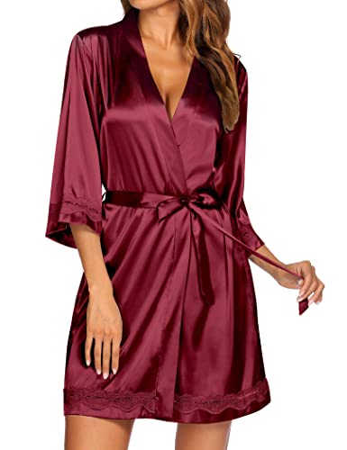 Ekouaer Women39s LaceTrim Silk Robes Kimono Satin Bathrobe Short Sexy V Neck Sleepwear with 34 Sleeve