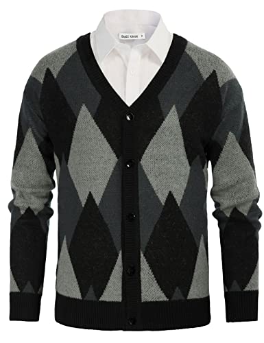 GRACE KARIN Men39s V Neck Argyle Button Down Knitted Cardigan Sweater Casual Long Sleeve Contrast Knitwear