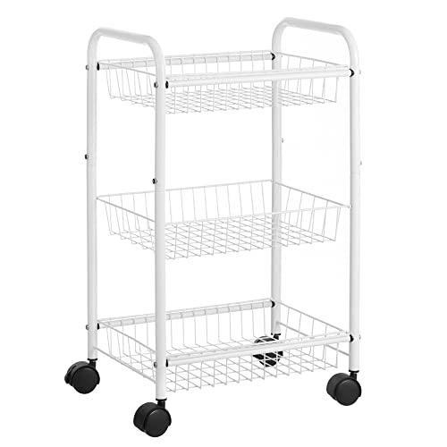 SONGMICS 3Tier Metal Rolling Cart on Wheels with Baskets Lockable Utility Trolley with Handles for Kitchen Bathroom Closet Storage with Removable Shelves Black UBSC03BK