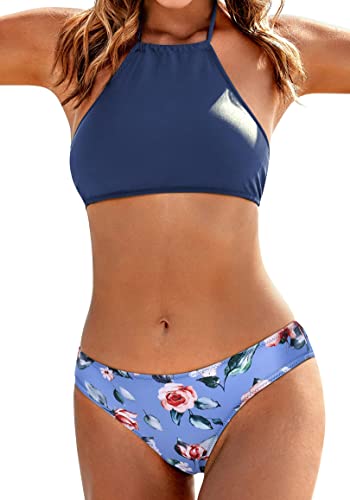 EkouaerBikiniSetHalterHighNeckSwimsuitsWomenFullCoverageFloralBathingSuits2PieceSexyTeenSwimwearXSXXL