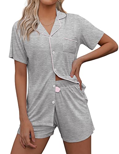 Ekouaer Pajamas Women Short Sleeve Sleepwear Button Down Loungewear Soft Summer Pjs Shorts Set