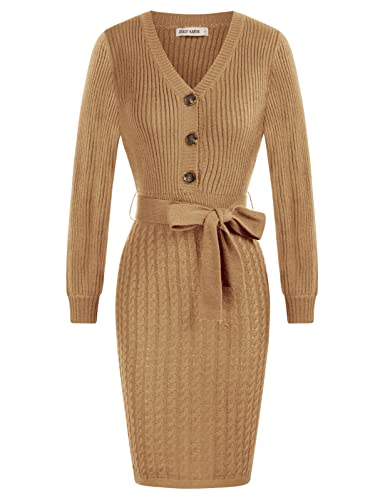 GRACE KARIN Women39s Wrap V Neck Knitted Pullover Sweater Dress Long Sleeve Button Belt Bodycon Dress