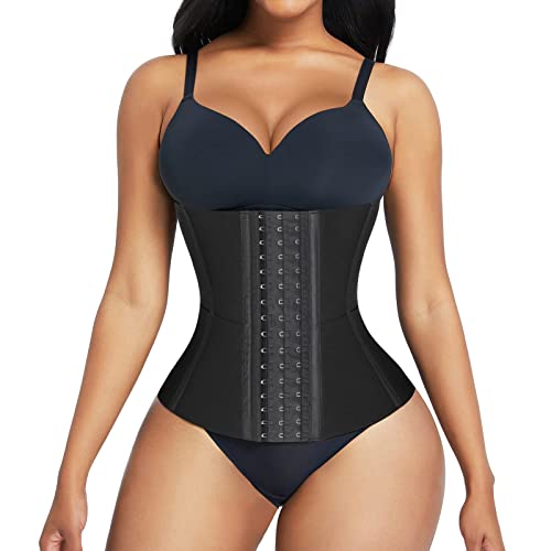 FeelinGirl Waist Trainer for Women Adjustable Underbust Corsets Latex Body Shaper 9 Steel Bones 3 Rows for Hooks and Pocket