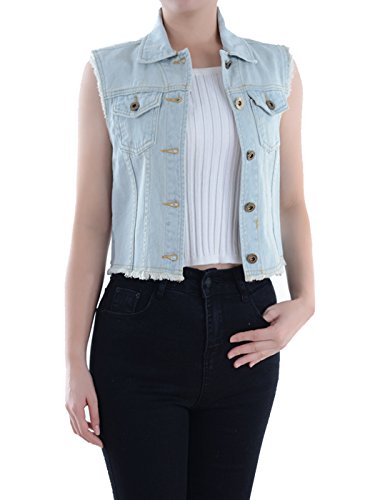 AnnaKaci Distressed Denim Sleeveless Crop Button Vest for Women