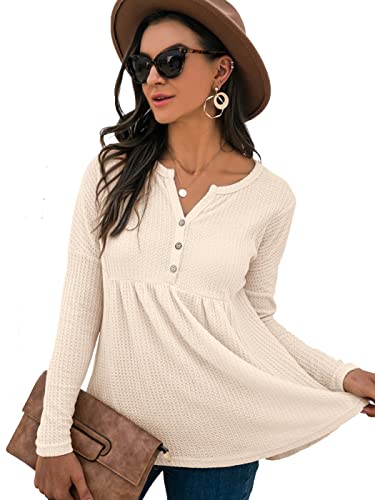 AnnaKaci Women39s Long Sleeve Vneck Waffle Knit Babydoll Ruffle Blouse