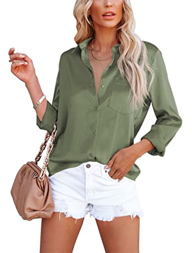 OMSJ Women39s Button Down Shirts Satin V Neck Long Sleeve Casual Work Blouse Tops with Pocket