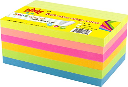 4A Sticky Notes3 x 3 InchesNeon AssortedLinedSelfStick Notes100 SheetsPad6 PadsPack4A 303x6NL