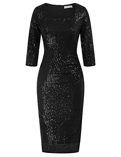 Belle Poque Vintage 50s Sequin Pencil Dress V Neck Glitter Dresses for Women