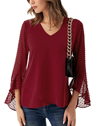 GRACE KARIN Women39s Chiffon Blouse Ruffle Swiss Dot V Neck Casual Pom Pom Shirts Loose Flowy Work Tops