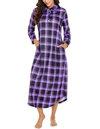 Ekouaer Women39s Cotton Nightgown Long Sleeve Nightshirt Full Length Loungewear Plaid Sleepwear With Pockets