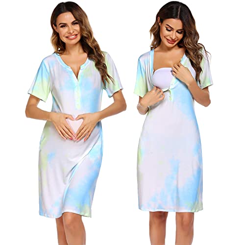 Ekouaer Women Short Sleeve Nightgown Striped Nursing Nightgown Breastfeeding Sleep Dress