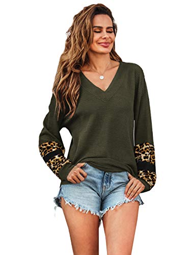 AnnaKaci Womens V Neck Lightweight Long Sleeve Leopard Fall Winter Soft Casual Pullover Sweaters