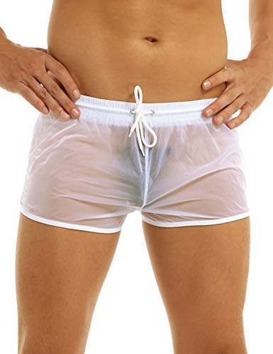 FEESHOW Mens Swim Trunks SeeThrough Drawstring Swimming Boxer Beach Shorts Swimsuits with Pocket