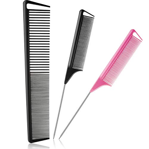 3 Pieces Pintail Comb Rat Tail Comb Carbon Fiber Cutting Comb Set Stainless Steel Pintail Comb Teasing Comb Parting Comb Wide and Fine Teeth Comb for Braids Hair Salon Home Supplies Black