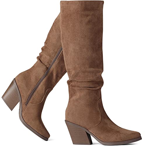 Putu Women39s Pointed Toe Knee High Boots Faux Suede Stacked Chunky Heel Boots Side Zipper Slouchy High Boots