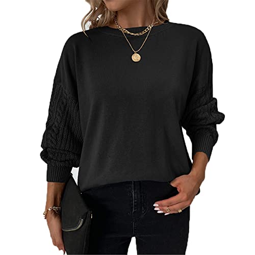 Women39s Oversized Crewneck Long Sleeve Drop Shoulder Casual Solid Cable Knit Chunky Contrast Pullover Sweater Top