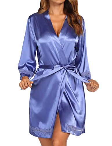 Ekouaer Women39s LaceTrim Silk Robes Kimono Satin Bathrobe Short Sexy V Neck Sleepwear with 34 Sleeve