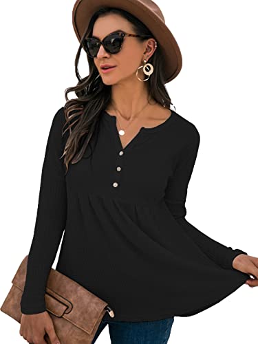 AnnaKaci Women39s Long Sleeve Vneck Waffle Knit Babydoll Ruffle Blouse