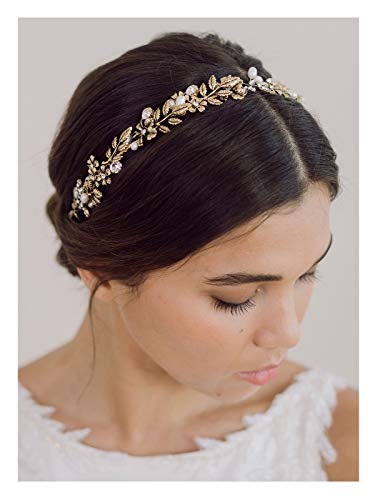 SWEETV Handmade Wedding Headband Retro Gold Brdial Headpieces for Bride Rhinestone Pearl Hair Accessories