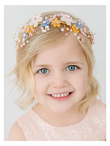 SWEETV Flower Girl Headpiece Pink Flower Crown for Girls Toddler Kids Wedding Headband Princess Hair Accessory for Birthday Party Photography