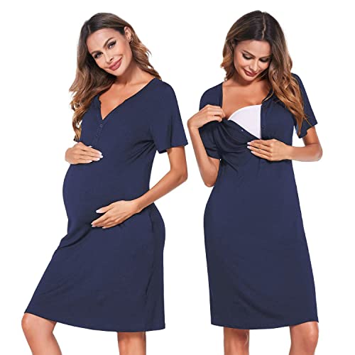 Ekouaer Women Short Sleeve Nightgown Striped Nursing Nightgown Breastfeeding Sleep Dress