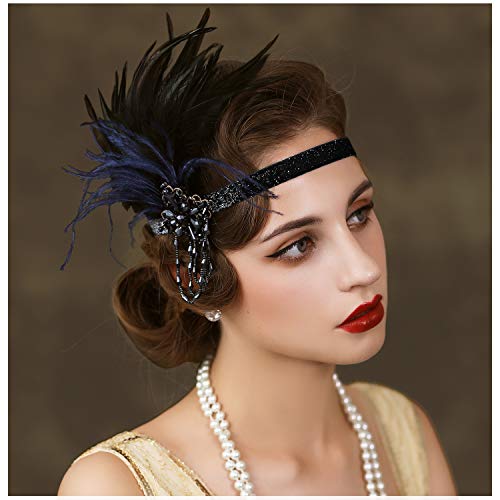 SWEETV Feather Flapper Headpiece Black Rhinestone 1920s Headband the Great Gatsby Hair Accessories