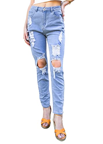 AnnaKaci Women39s High Waist Skinny Ripped Casual Denim Pants Jeans