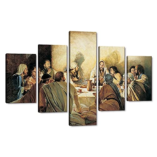 The Last Supper Painting on Canvas Wall Pictures for Living Room 5 Pieces Last Supper Wall Art Retro Vintage Wooden Modern Framed Posters and Prints Giclee Gallery Wrap Artwork Stretched 503939Wx243939H