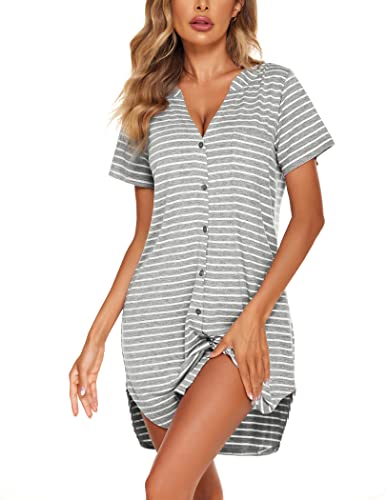 Ekouaer Womens Nightgown Sexy Button Down Sleep Dress Short Sleeve Night Shirt V Neck Sleepwear