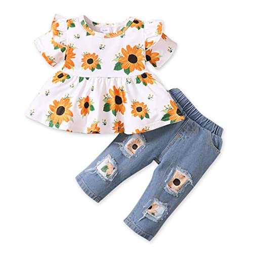 PATPAT Baby Girl Clothes Set Infant Toddler Denim Girl Outfits Flower Ruffle Top with Ripped Denim Jeans Pant Sets 324M