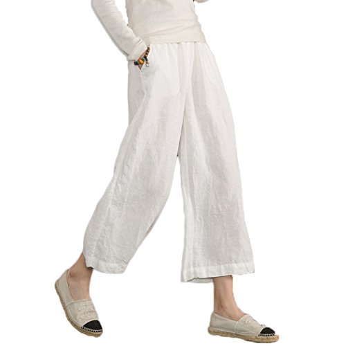 ECUPPER Womens Casual Loose 100 Linen Elastic Wasit Ankle Pants Plus Size Cropped Trousers