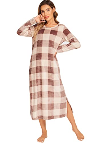 Ekouaer Women Nightgown Long Sleeve Flannel Sleep Shirt Fleece Nightwear Round Neck Sleepwear with Pockets