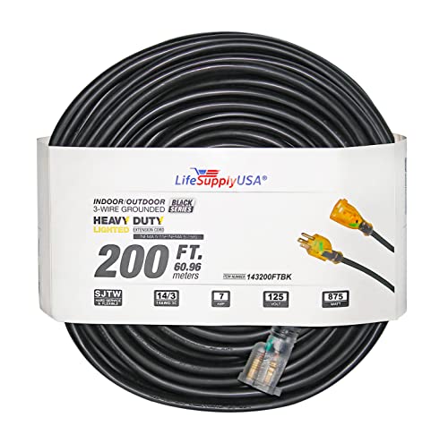 200 ft Power Extension Cord Outdoor  Indoor Heavy Duty 14 Gauge3 Prong SJTW Black Lighted end Extra Durability 7 AMP 125 Volts 875 Watts by LifeSupplyUSA