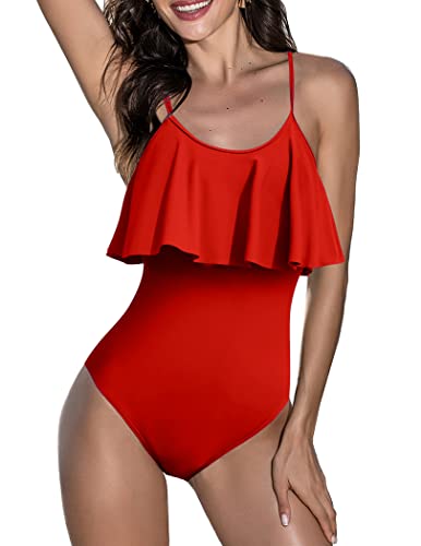 Ekouaer One Piece Bathing Suit for Women High Waist Hollow Swimsuit Ruffled Vintage Beach Monokini