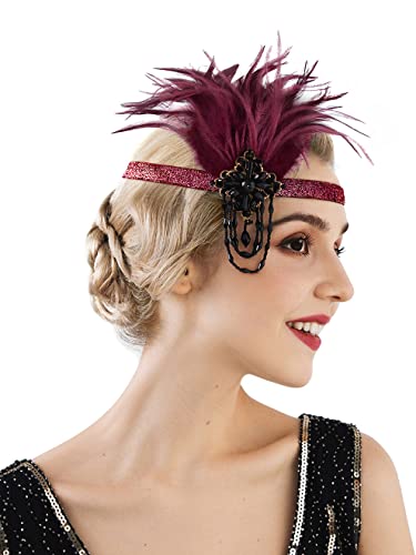 SWEETV Feather Flapper Headpiece Black Rhinestone 1920s Headband the Great Gatsby Hair Accessories