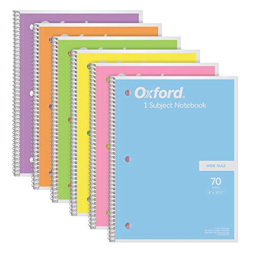 Oxford Spiral Notebook 6 Pack 1 Subject Wide Ruled Paper 8 x 1012 Inch Pastel Pink Orange Yellow Green Blue and Purple 70 Sheets 63757