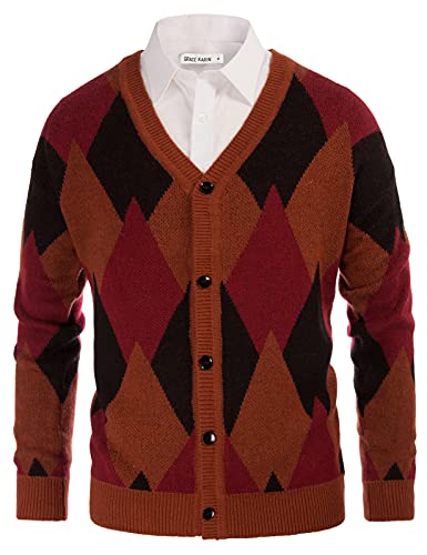 GRACE KARIN Men39s V Neck Argyle Button Down Knitted Cardigan Sweater Casual Long Sleeve Contrast Knitwear