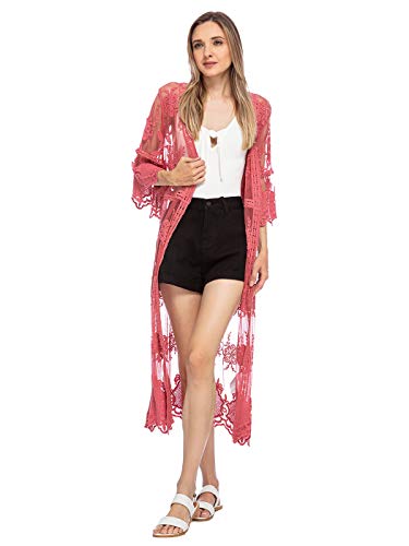 AnnaKaci Womens Long HalfSleeve Embroidered Lace Kimono Cardigan