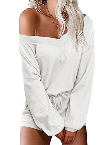 Ekouaer Womens Off Shoulder Lounge Set V Neck Waffle Knit Pajama Sets Long Sleeve Top and Shorts 2 Piece Outfits Sweatsuit