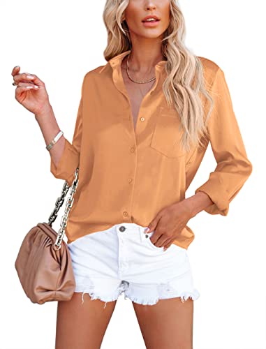 OMSJ Women39s Button Down Shirts Satin V Neck Long Sleeve Casual Work Blouse Tops with Pocket