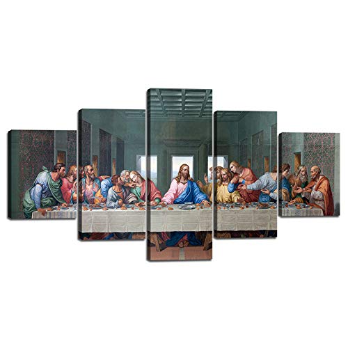 The Last Supper Painting on Canvas Wall Pictures for Living Room 5 Pieces Last Supper Wall Art Retro Vintage Wooden Modern Framed Posters and Prints Giclee Gallery Wrap Artwork Stretched 503939Wx243939H