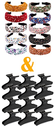 10 Pack Summer Boho Floral Print Knotted Headbands for Women with 12 Pcs Black Hair Clips for Styling Sectioning