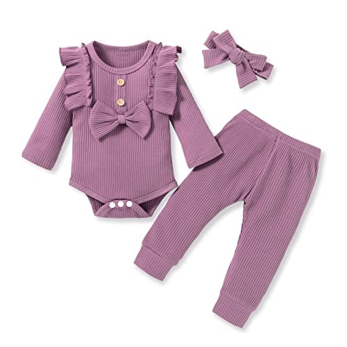 PATPAT 3Pcs Newborn Infant Baby Clothes 95 Cotton Ribbed Long Sleeve Ruffle Bowknot Romper and Pants with Headband Set