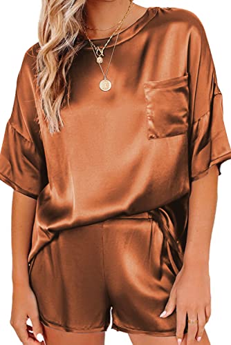 Ekouaer Satin Pajamas for Women Short Sleeve Silk Pajama Sets Soft Sleepwear Top with Causal Pj Shorts