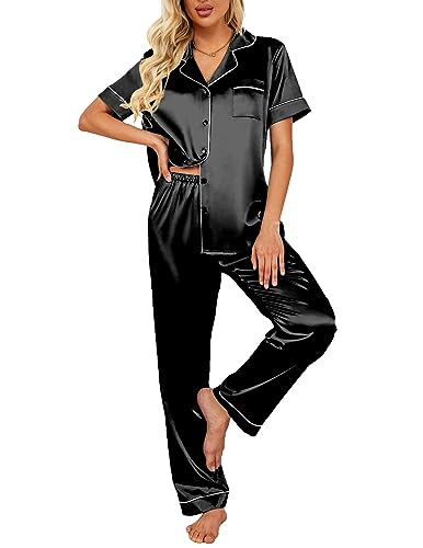 Ekouaer Silk Satin Pajamas Set Women TwoPiece Nightwear Short Sleeve Sleepwear Soft Button Down Loungewear Pjs Set SXXL