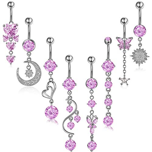 8 Pieces 14G Belly Button Rings Steel Long Dangle Navel Ring CZ Body Piercing Jewelry Gold