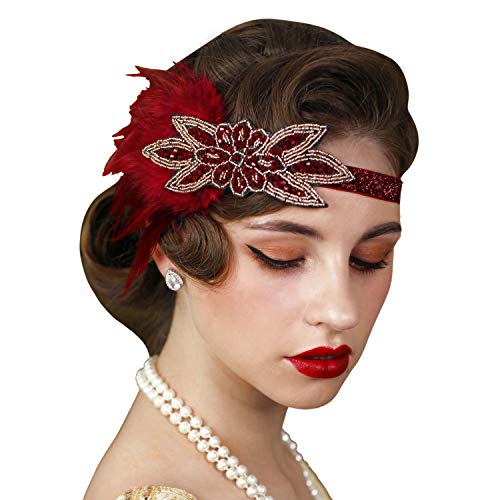 SWEETV 1920s Flapper Feather Headband 20s Sequined Showgirl Headpiece Gatsby Hair Accessories for Women 01 Black